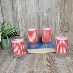 4 Vintage Anchor Hocking Red and White Gingham Tumblers 12 oz